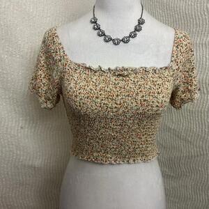 Aerie Smocked Crop Top XS White Bow Front Cottagecore Boho Summer